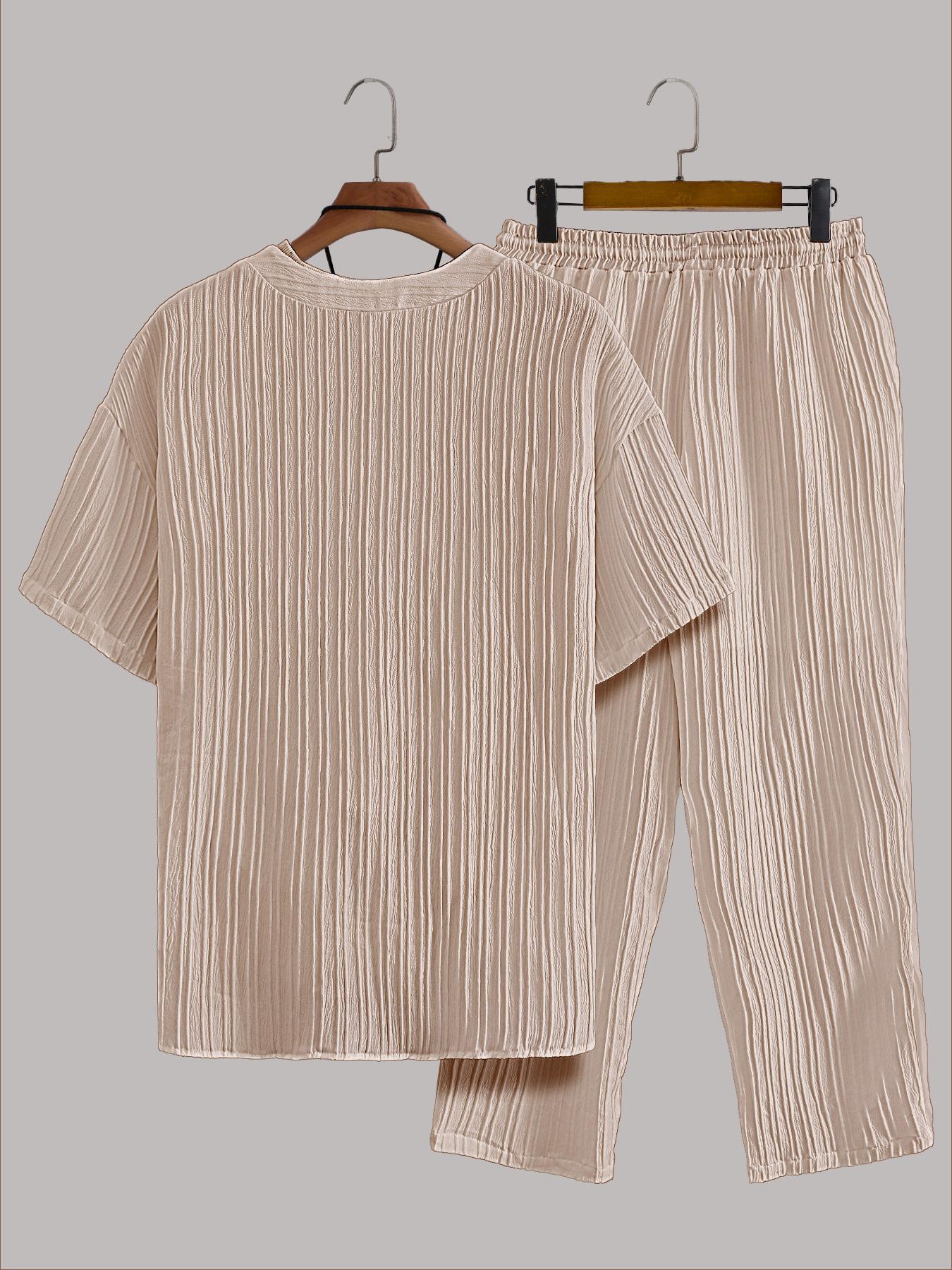 Men's Beige Textured 2Piece Casual Set, Loungewear - Short-Sleeve V-Neck Cardigan (with Vertical Pleats & Button Closure) + Matching Drawstring Pants (Coordinating Pleated Fabric), Oversized Fit, Ideal for Summer Daily Casual, Café Lounging & Weekend Out
