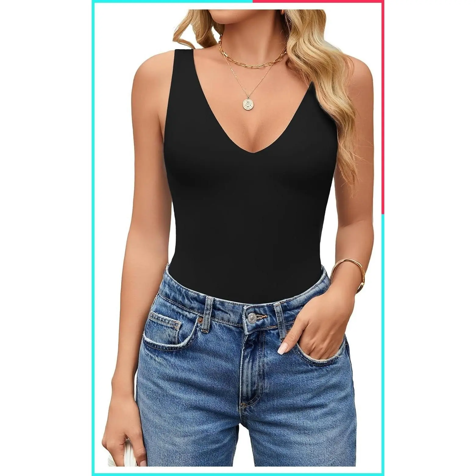 Women's Sexy Deep V Neck Plunge Bodysuit Double Lined Sleeveless Thong Leotard for Going Out