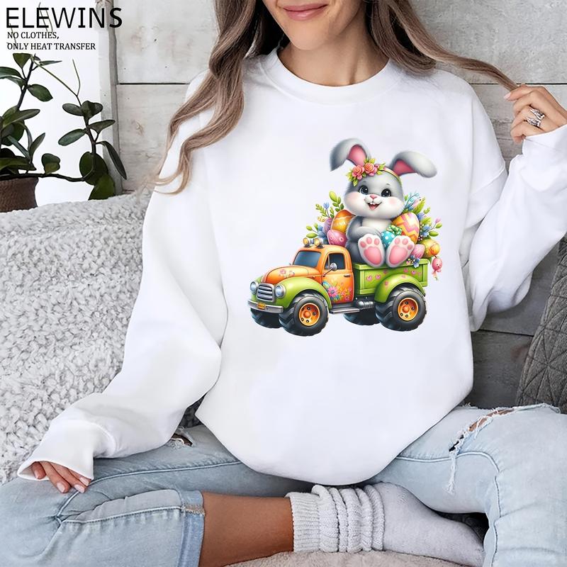Cute Easter Bunny Riding Monster Truck Iron-On Transfer Stickers, DTF Heat Transfer Vinyl, Unisex Washable DIY Plastic Transfers