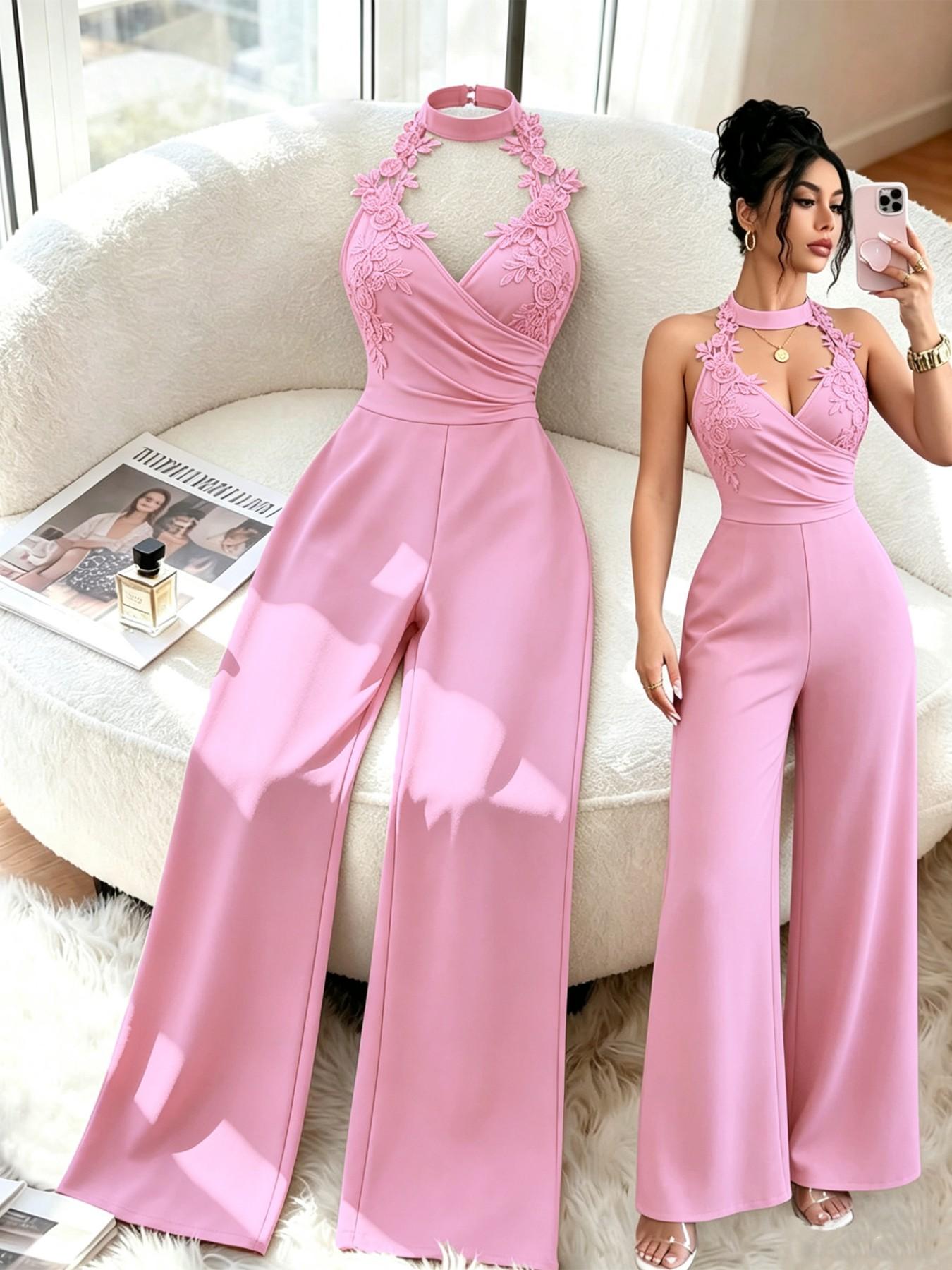 Floral Lace Halter Deep V Cross Back High Waist Bodycon Pants, Sexy & Elegant Design for Dates & Parties, Perfect Fit for Special Occasions
