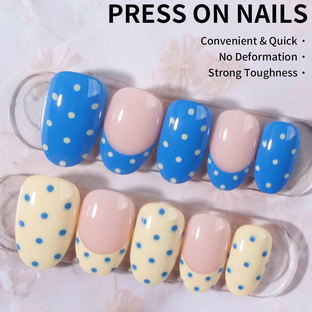 24pcs Short Oval Polka Dot Nail Art Set, Nail Glue Included, Includes Jelly Glue and File, Perfect for Parties, Dance, Daily Use, Sparkling Nail Tips