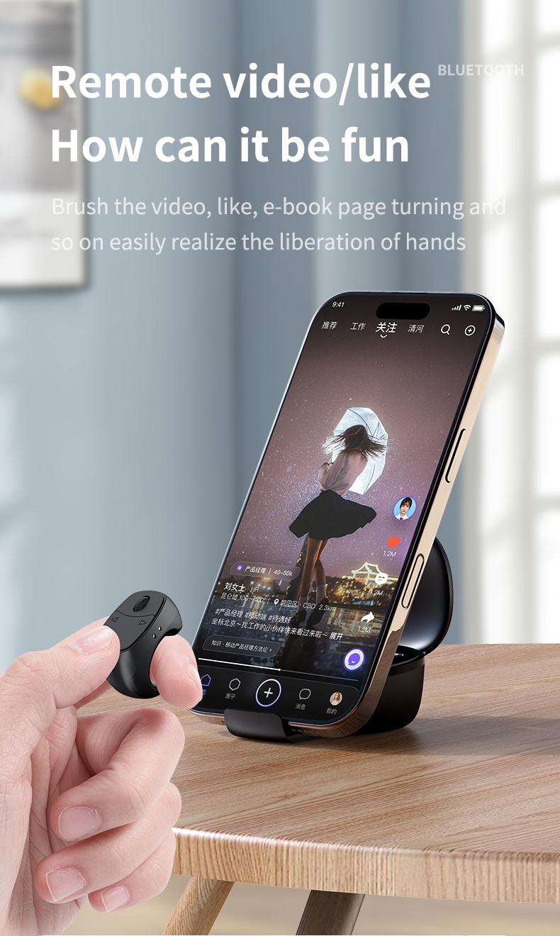 Mouse Ring Bluetooth Remote Control with Phone Stand, E-book Page Turner, Bluetooth Selfie & Video Recording Remote, Music Control, Compatible with iPhone, iPad, Android, Smartphones.