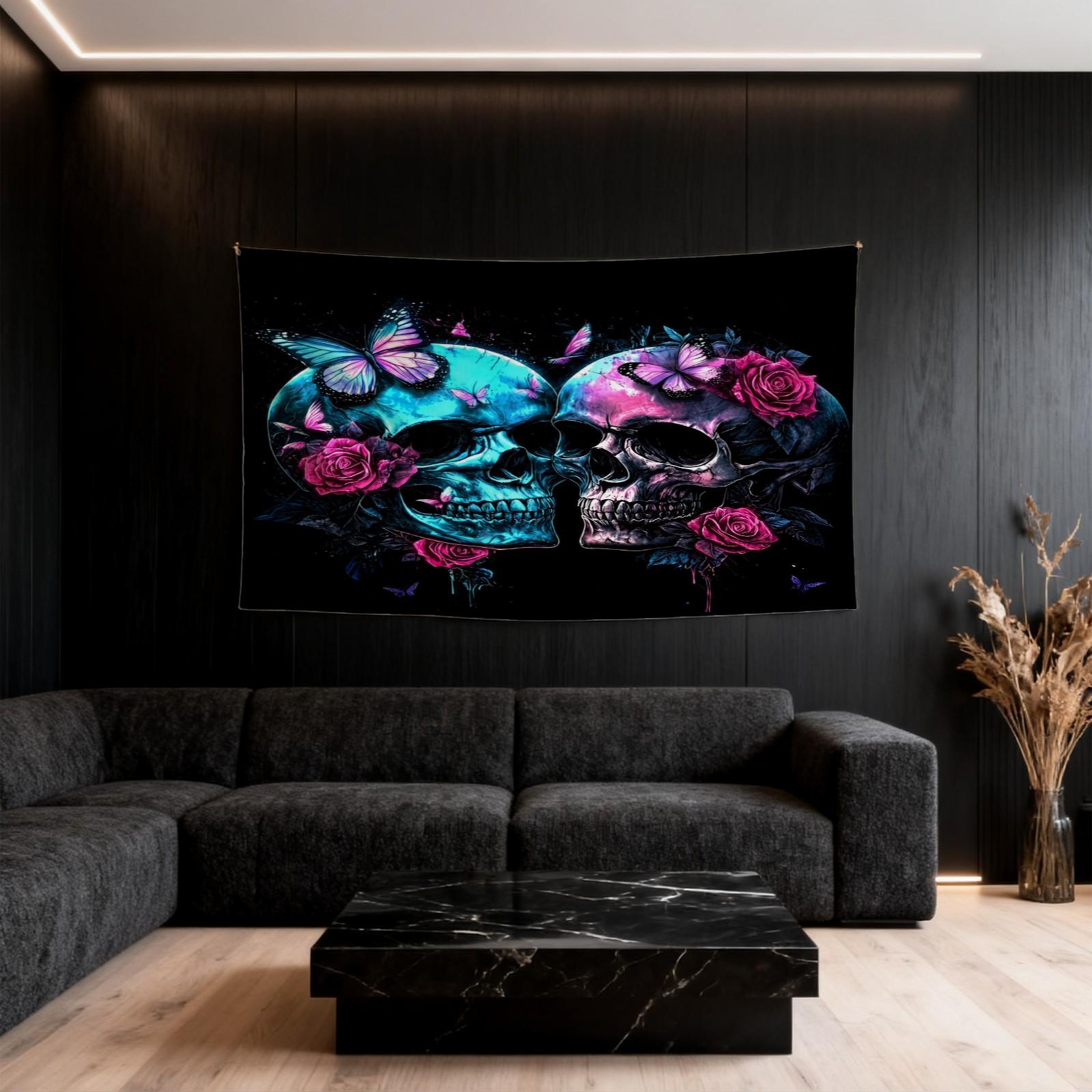 Neon Skull & Rose Print Tapestry, Gothic Aesthetic Style, Vivid & Fade-Resistant, Personalized Home Decor, Ideal for Bedroom, Living Room & Dorm, Perfect Keepsake Gift