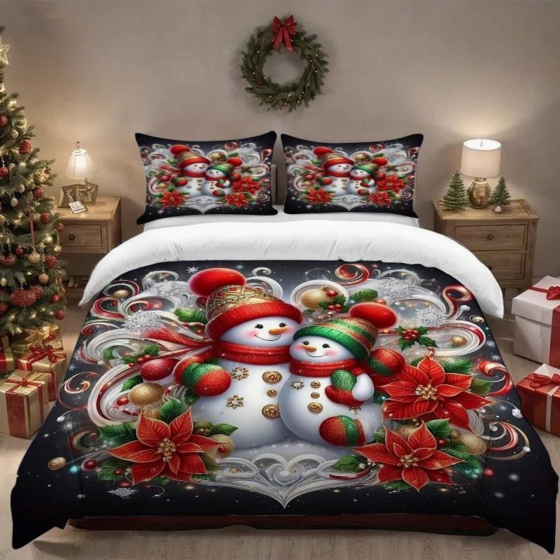 Christmas Theme Bedding Set, 3-Piece Snowman Pattern, Polyester Fiber, Fitted Sheet and Two Pillowcases, Universal Size