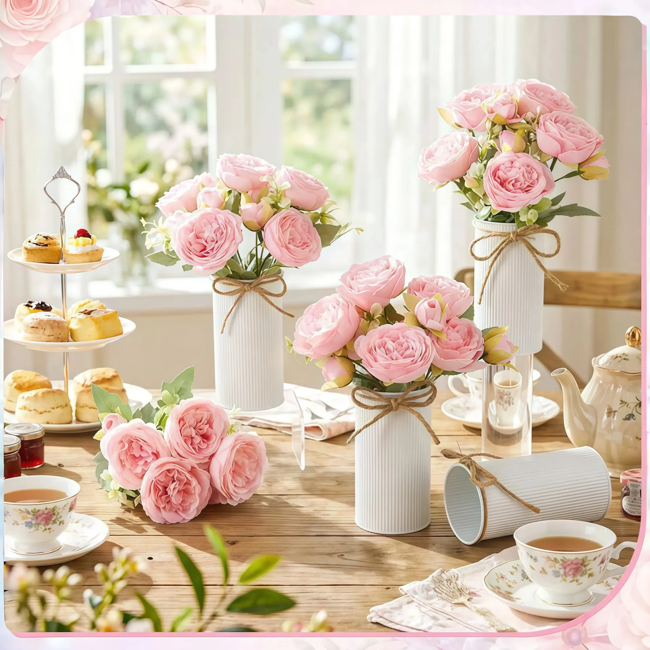 6 Sets Country Romance Artificial Mixed Floral Arrangements Decoration Ornaments, Faux Flowers with Rose Floral Foam, Vases & Plant Accessories, Ready for Table Settings, Home Decor