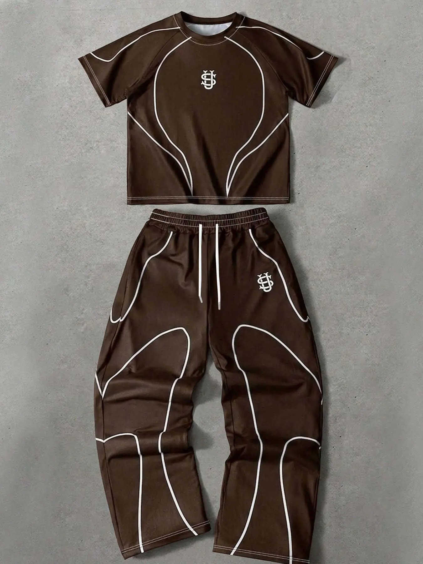 Y2K Racing Style Two-Piece Minimalist Tracksuit, Casual Workout Tracksuit, Black Contrast Stripe Cropped T-Shirt & Wide-Leg Sweatpants, Unisex Streetwear for Gym and Everyday, Trendy Sporty Casual, Minimal Logo, Soft and Breathable Fabric, Activewear Set