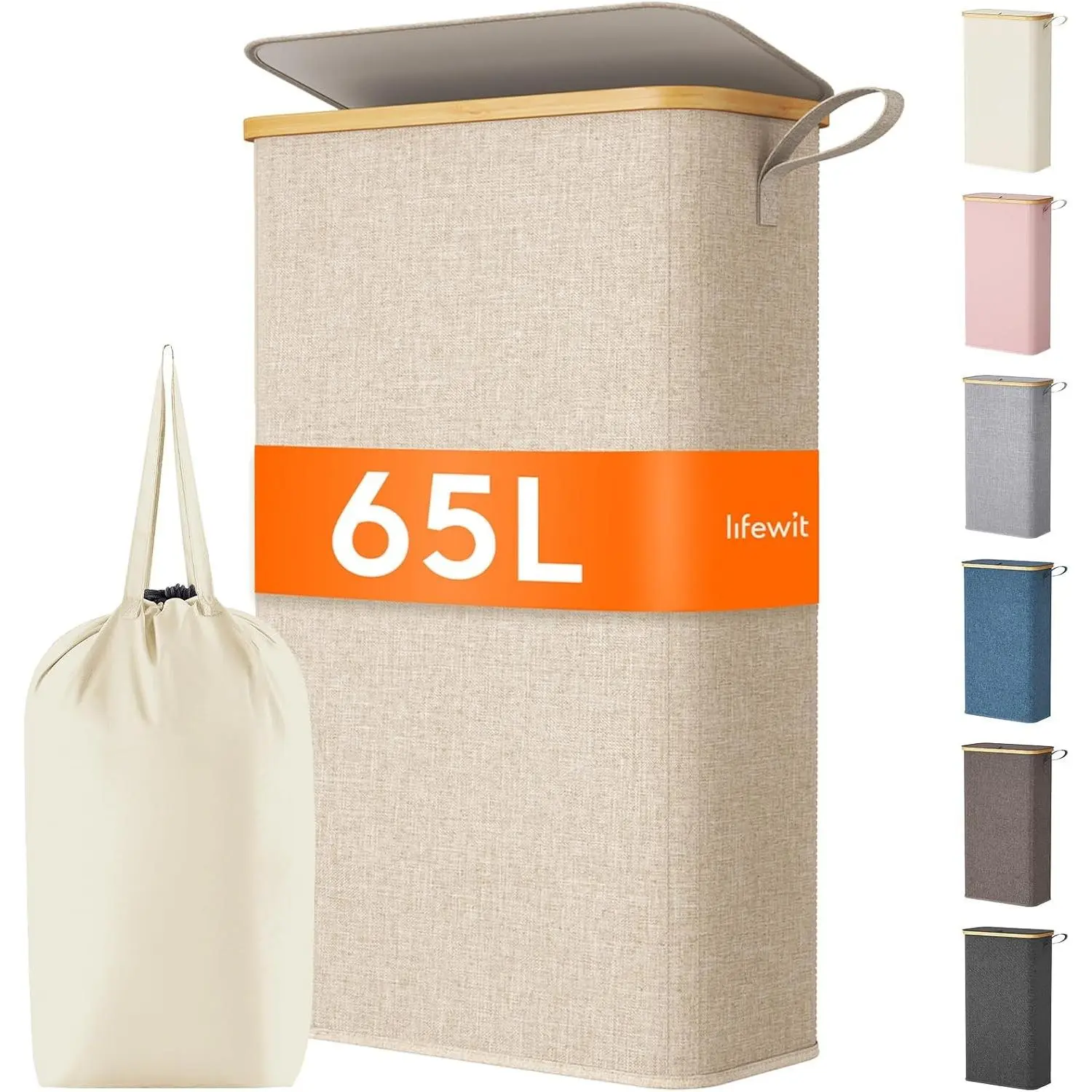 65L Slim Laundry Hamper with Lid, Narrow Laundry Basket with Removable Bag & Bamboo Handles, Fodable Thin Dirty Clothes Hamper for Laundry Collapsible Bin for Bathroom Bedroom Dorm, Beige