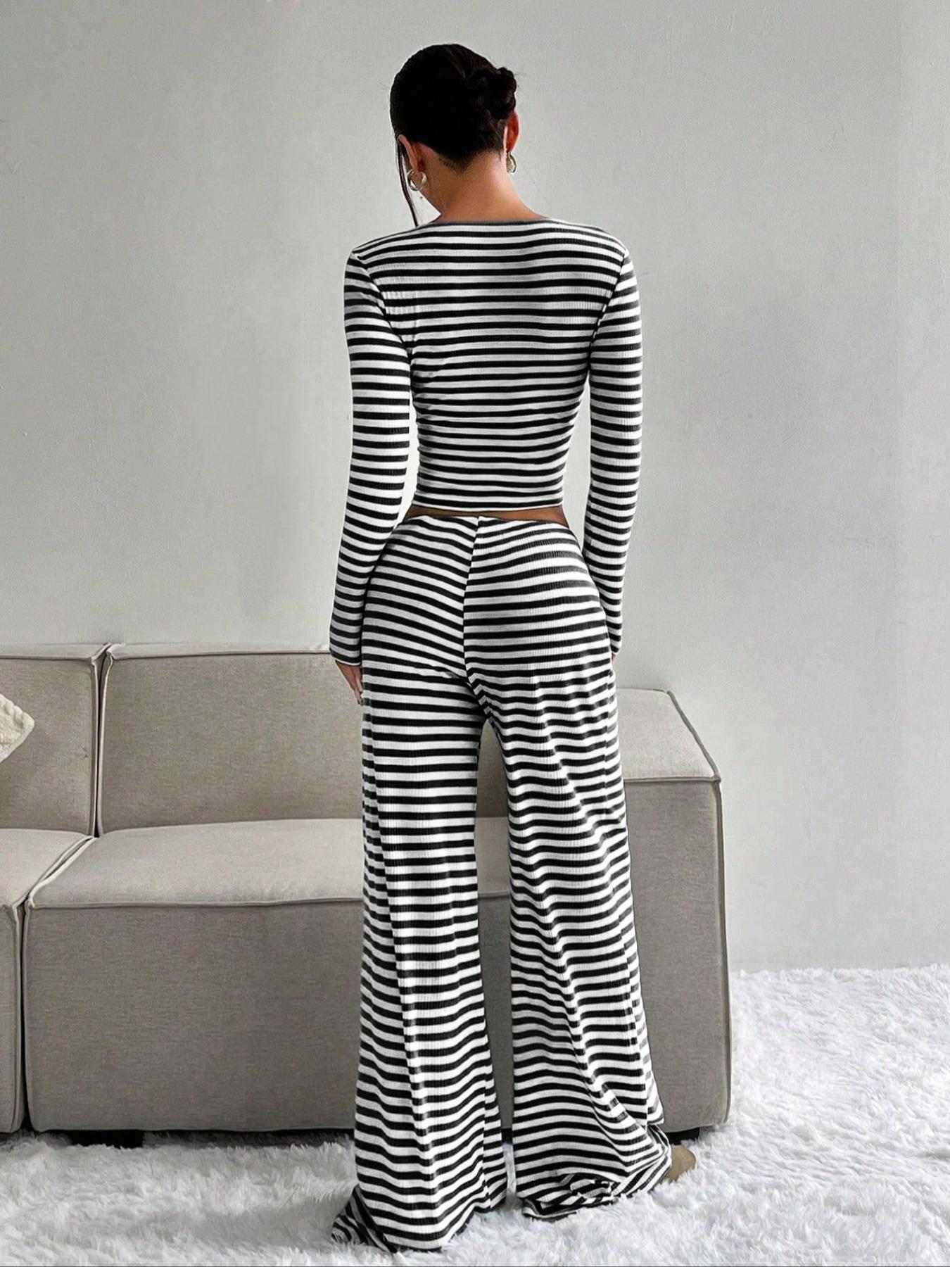 2026 Women's 2 Piece Y2K, Striped Ribbed Knit Long Sleeve Square Neck Crop Top, High Waist Drawstring Wide Leg Pants Loungewear Set