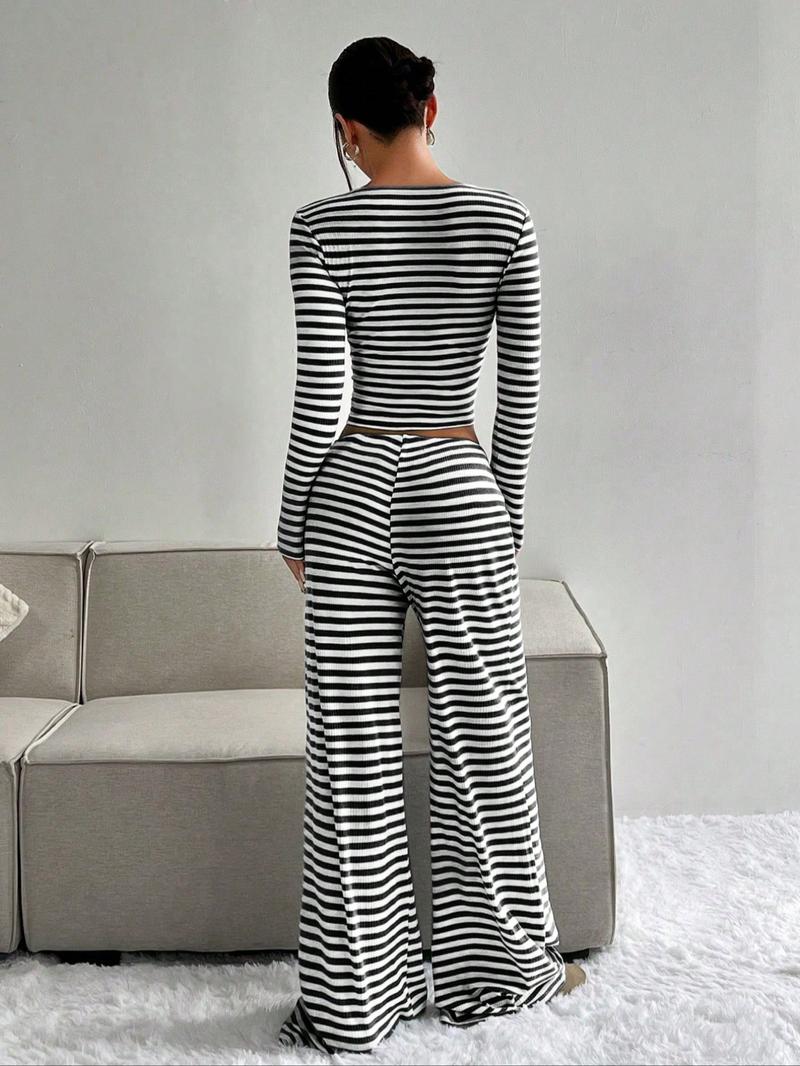 2026 Women's 2 Piece Y2K, Striped Ribbed Knit Long Sleeve Square Neck Crop Top, High Waist Drawstring Wide Leg Pants Loungewear Set