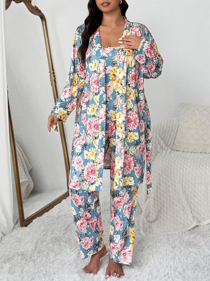 【Plus Size】 Three-Piece Set Floral Print Belted Lounge Robe & Cami Top & Elastic Waist Pants Pyjama Set, Drop Shoulder Long Sleeve Robe & Sleeveless Top & Bow Decor Trousers PJ Set, Women's Sleepwear for Fall, Nightwear Lounge Set, Matching Pj Set