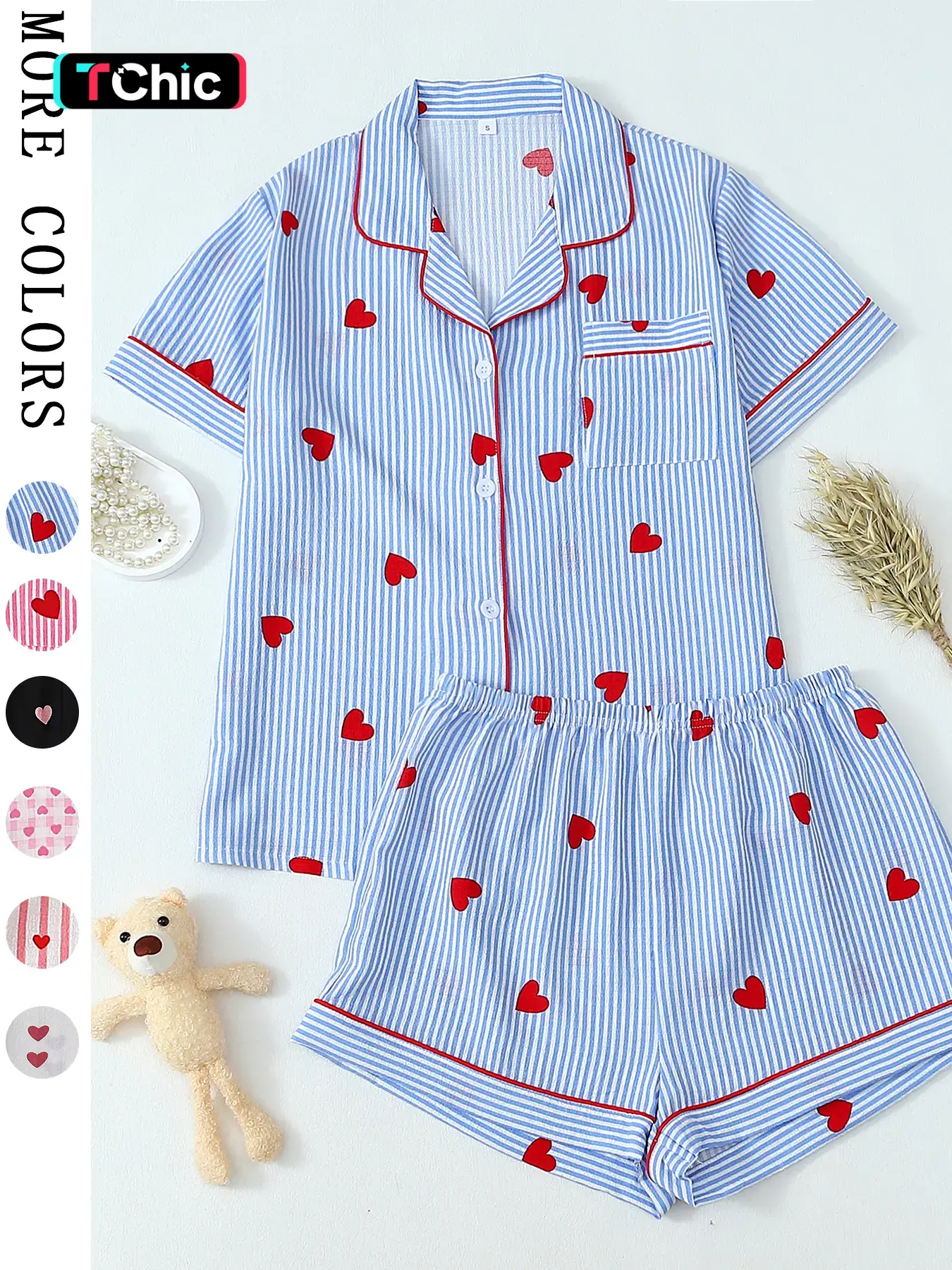 Heart Print & Classic Striped Pajama Set | Chic All-Season Loungewear | Soft 2-Piece Short Sleeve PJs for Women | Sweet Nightwear Essentials，Breathable All-Season PJs，Aesthetic Pajama Party Set，The Perfect Gift