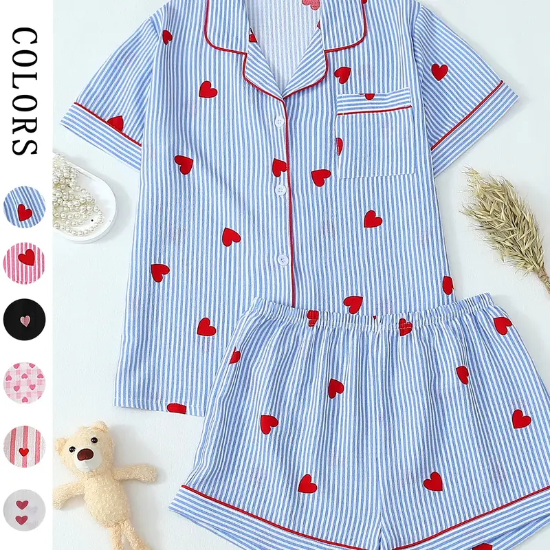 Heart Print & Classic Striped Pajama Set | Chic All-Season Loungewear | Soft 2-Piece Short Sleeve PJs for Women | Sweet Nightwear Essentials，Breathable All-Season PJs，Aesthetic Pajama Party Set，The Perfect Gift