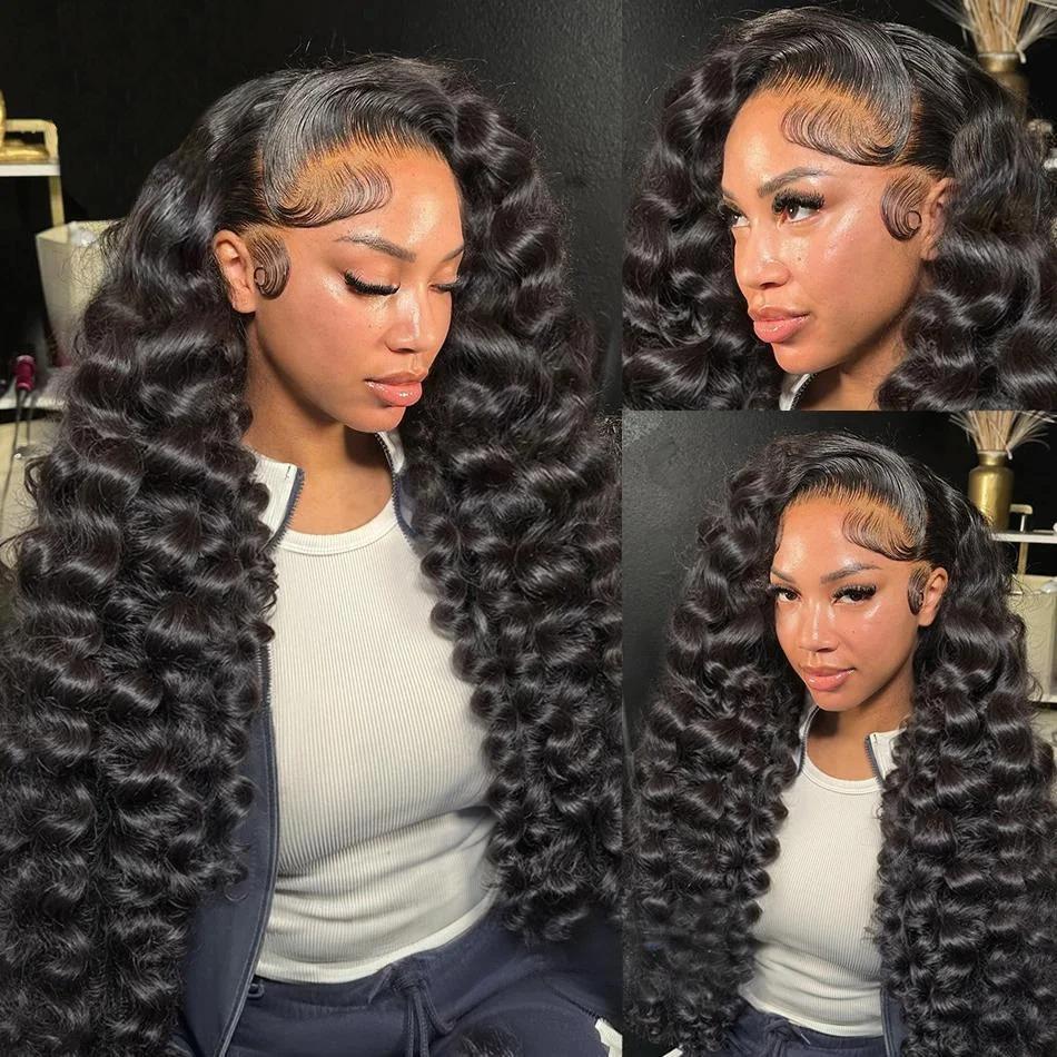 Loose Deep Wave Lace Front Wigs Human Hair 200 Density Glueless Wigs for Women Blended Hair Loose Wave 13x4 HD Transparent Lace Front Wigs Pre Plucked with Baby Hair Natural Black Color