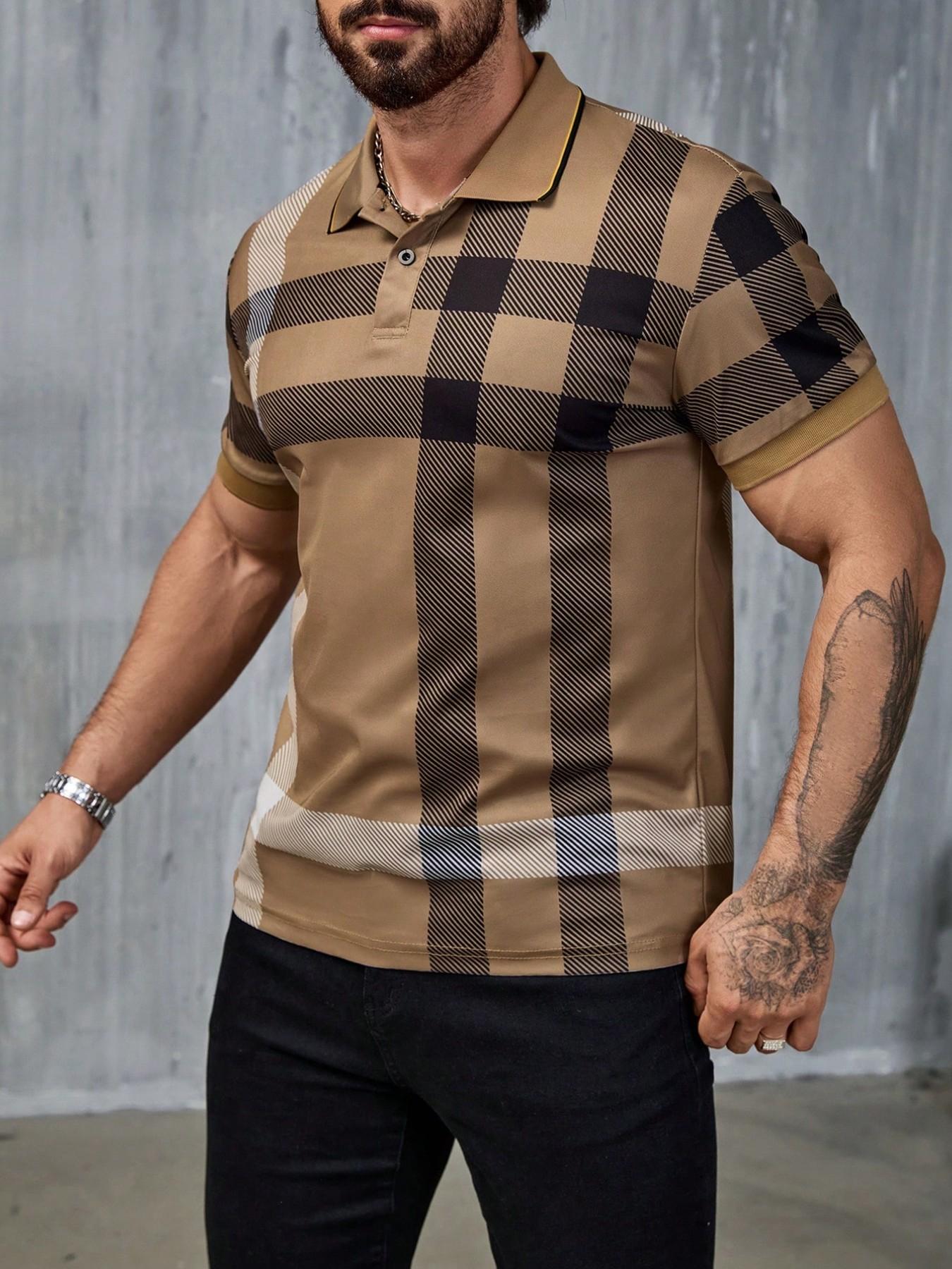 Vintage Plaid Polo Shirt Men Khaki Checkered Short Sleeve Tees Old Money Aesthetic Classic Casual Streetwear Muscle Fit Summer Daily Date Night Outfits