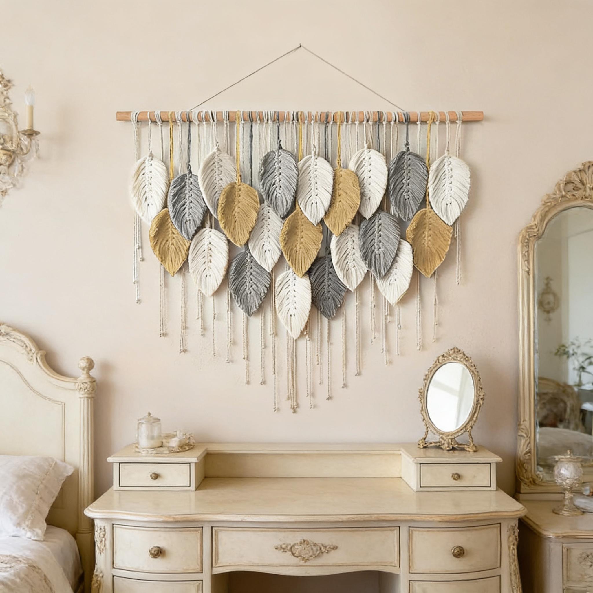 Large Handmade Leaf Fringe Wall Hangings, Bohemian Style Macrame Wall Decor, Wooden Stick Wall Art, Bed Headboard Decoration, Above Bed Wall Decor