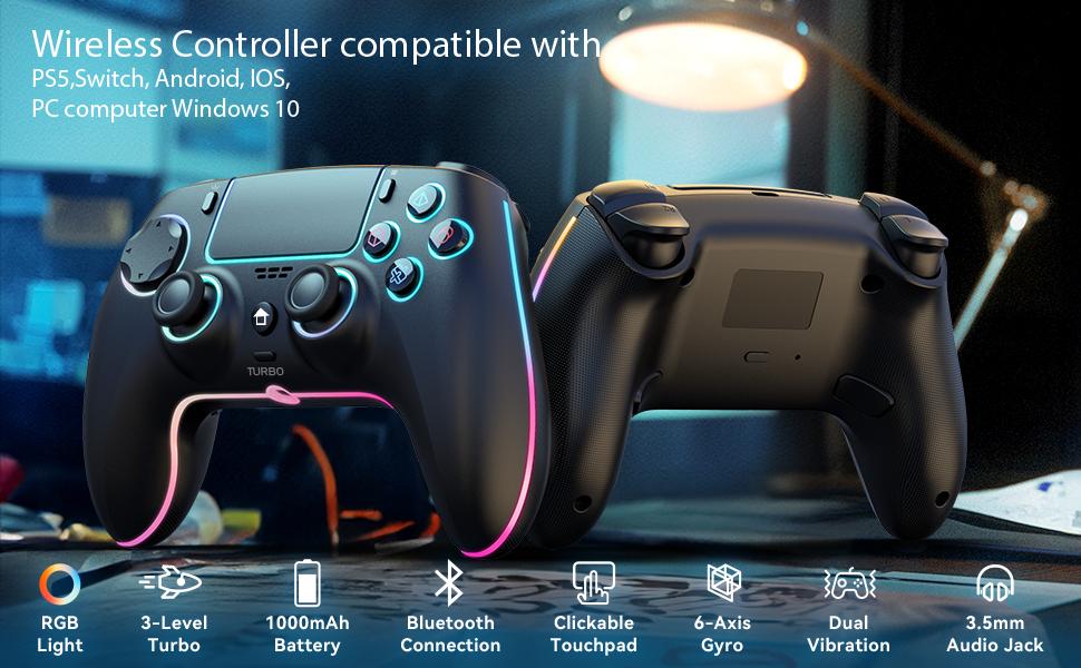 JORREP Anti-Drift PS5 Pro Wireless Controller with 7 RGB Colors Lighting Dual Vibration Turbo 6 Axis Gyro Sensor Programmable Headset Jack for PS5 Pro PC MAC iOS Android10 Steam Deck Remote Joystick Colorful