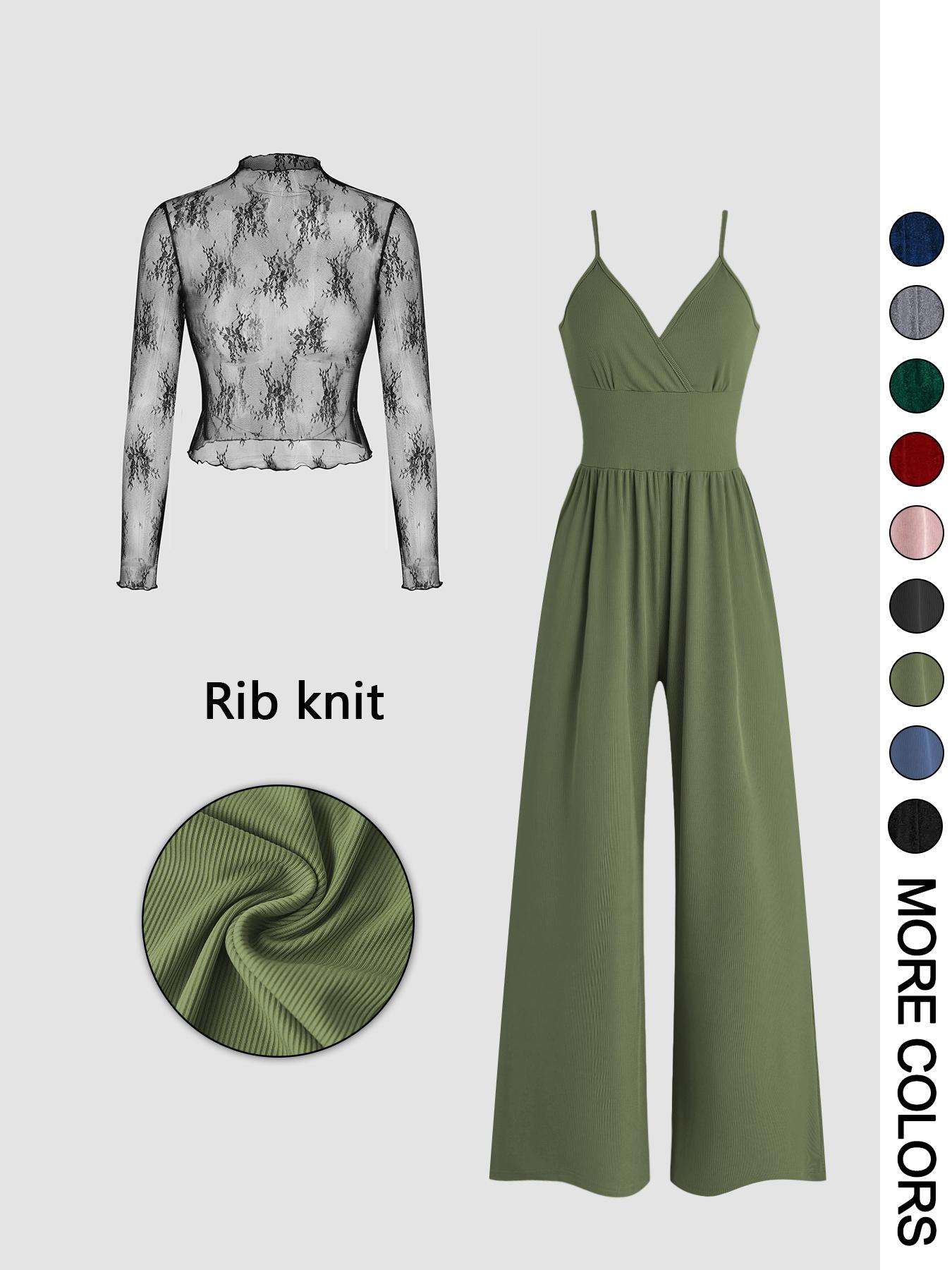 Valentine's Day Women's Solid Color Knitted Lace Tee & High Waist Pocket Jumpsuit Two-piece Set, Elegant Fashion Casual Fitted Zipper Back Cami Jumpsuit & Long Sleeve Top for Daily Outdoor Wear, Women's Clothing for Spring & Fall