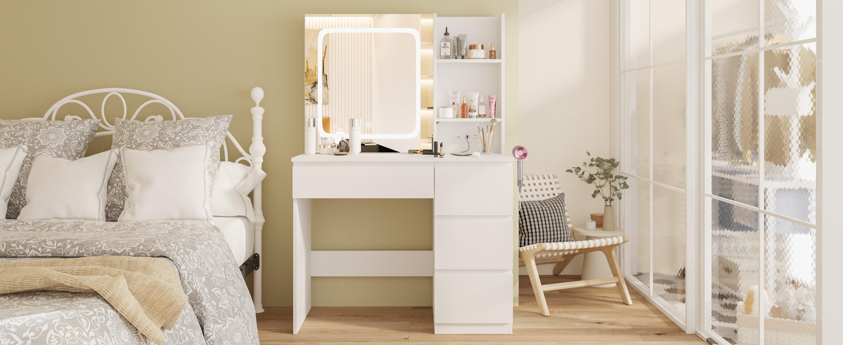 Vabches Vanity Desk with Mirror and Lights,Make Up 4 Drawers Table with Glass Door Storage Cabinet,Charger Station,3 Lighting Color Dressing Table for Bedroom,37inch