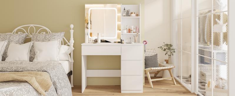 Vabches Vanity Desk with Mirror and Lights,Make Up 4 Drawers Table with Glass Door Storage Cabinet,Charger Station,3 Lighting Color Dressing Table for Bedroom,37inch