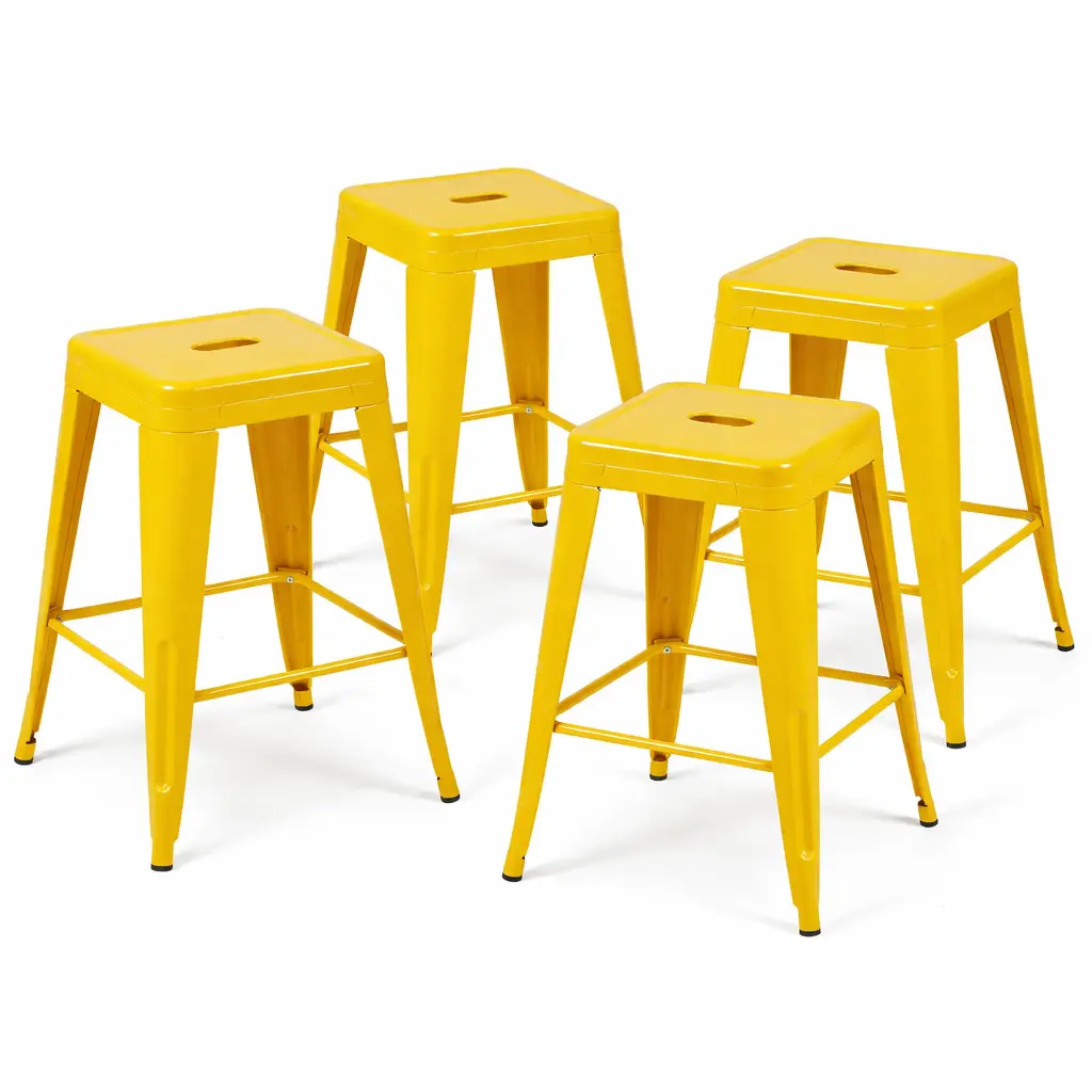 Daisy Yellow Metal Counter Stools Set of 4, 24-Inch Industrial Stackable Leg Chairs for Outdoor Patio & Kitchen Breakfast Nook