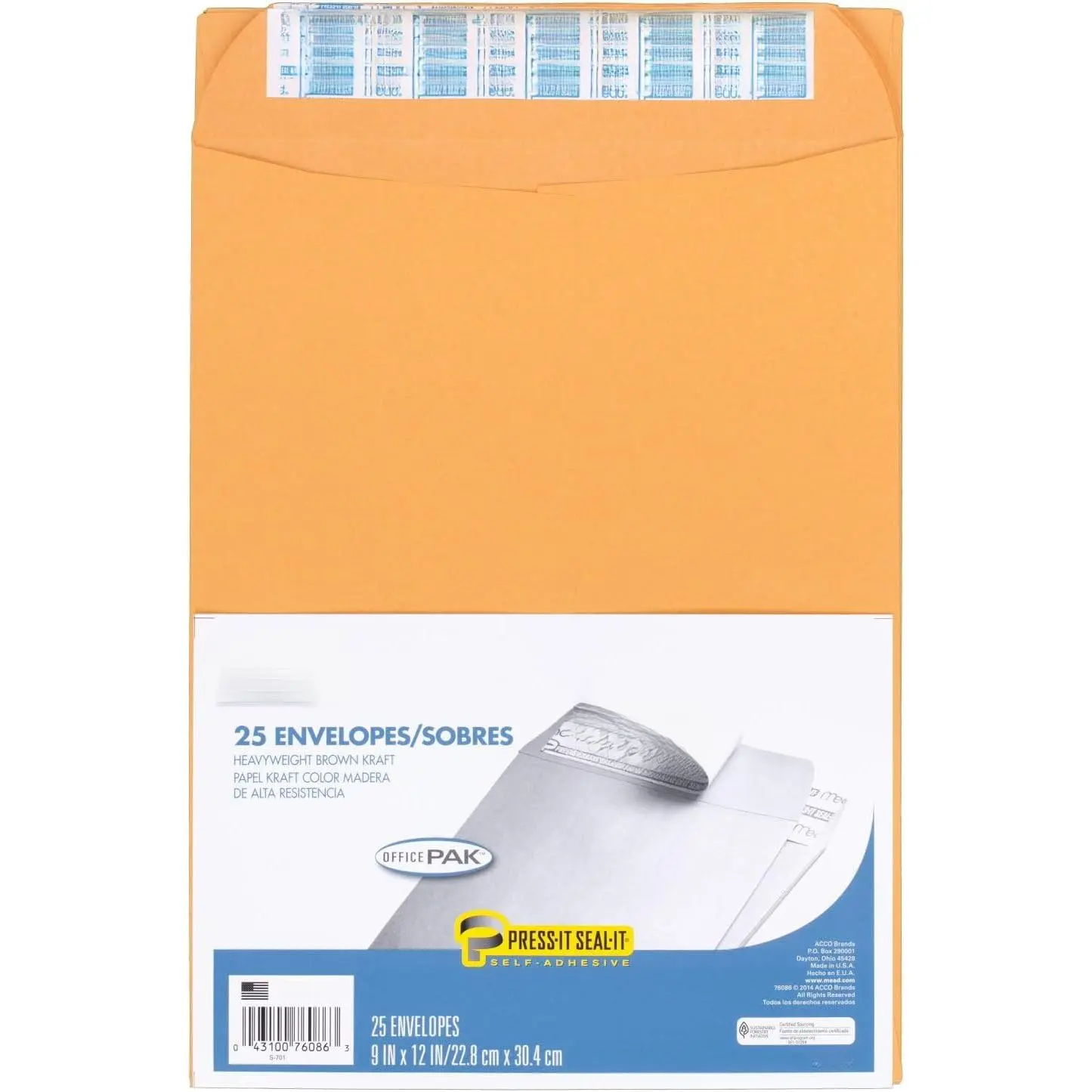 Manila Envelopes, 9"x12" Rectangular Letter Size, Self-Sealing Press-It Seal-It Closure, 24-lb Brown Kraft Paper All-Purpose Mailing Envelopes, 25 Count (76086)