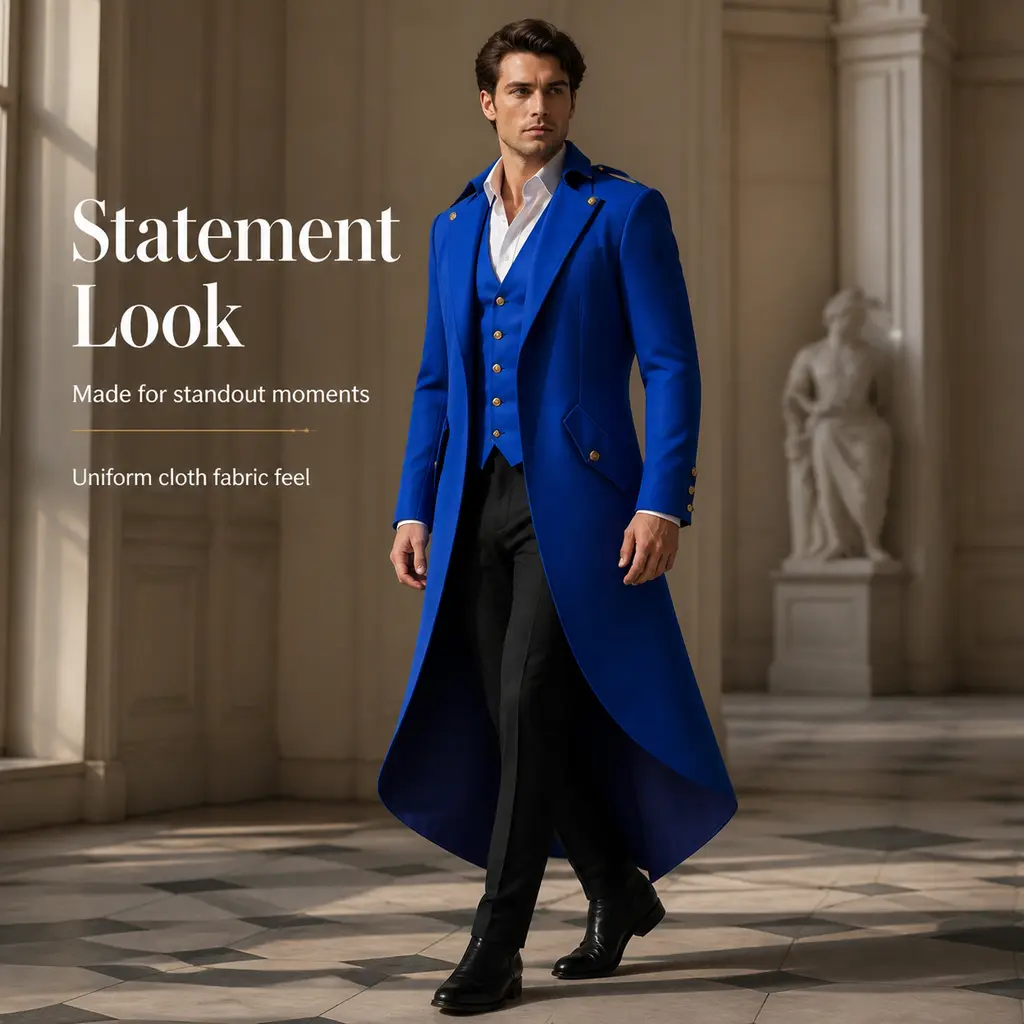 Men's Royal Blue Victorian Long-Tailcoat - Gothic Steampunk Lapel Outerwear, Medieval Noble Gentleman Gold-Button Cosplay Frock Coat
