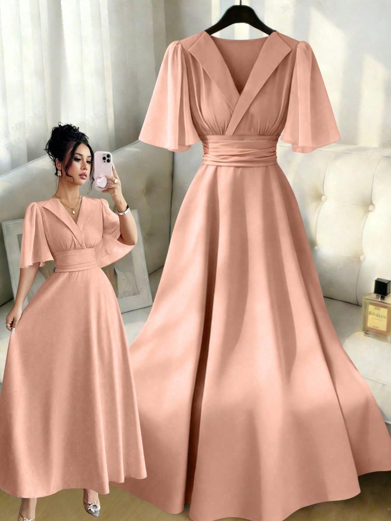 New Women's Lapel Neckline Dress, Waist Ruched Back Tie Chiffon Patchwork, Peplum Sleeves Design, Casual Elegant Chic Summer Dress