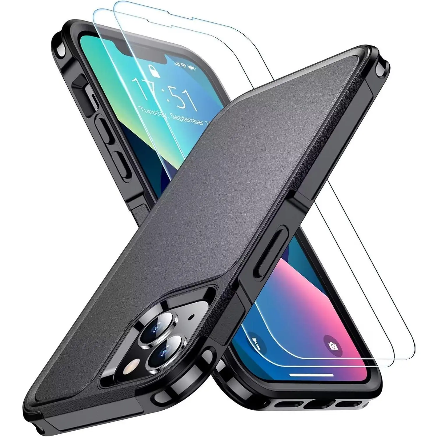 SPIDERCASE Military Grade Heavy Duty Drop Proof Shockproof Flexible Cover for iPhone 13 6.1 in - 10FT Drop Protection, 2 Pcs Tempered Glass Screen Protectors, Black with American Retro, Contemporary Art, Photorealism, Expressionism, Ethnic Designs