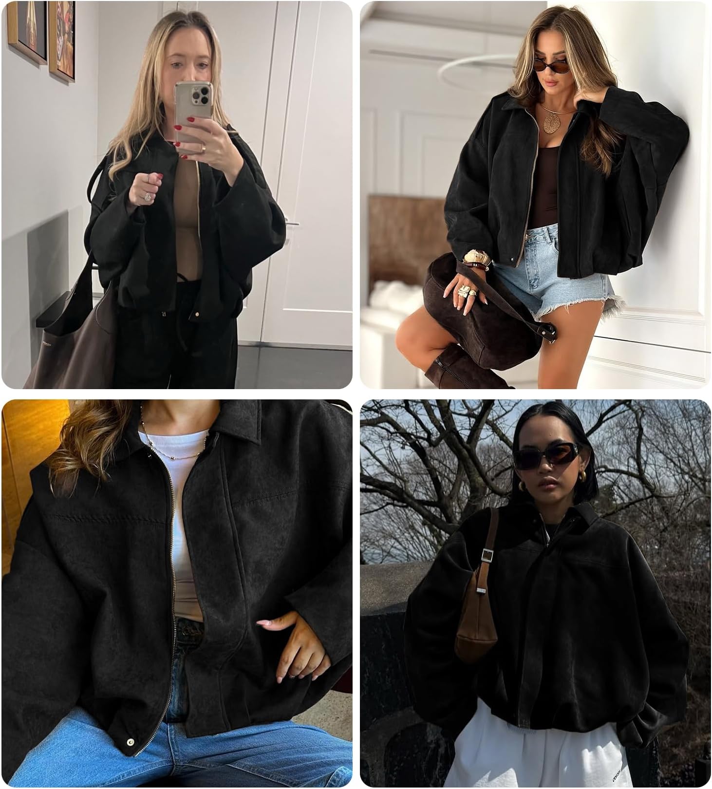 Buenoble Women's Faux Suede Bomber Jackets Cropped Fall Winter Lapel Motorcycle Coats Streetwear Outerwear with Pockets Tops Womenswear Basic Brown Casual Long Sleeve