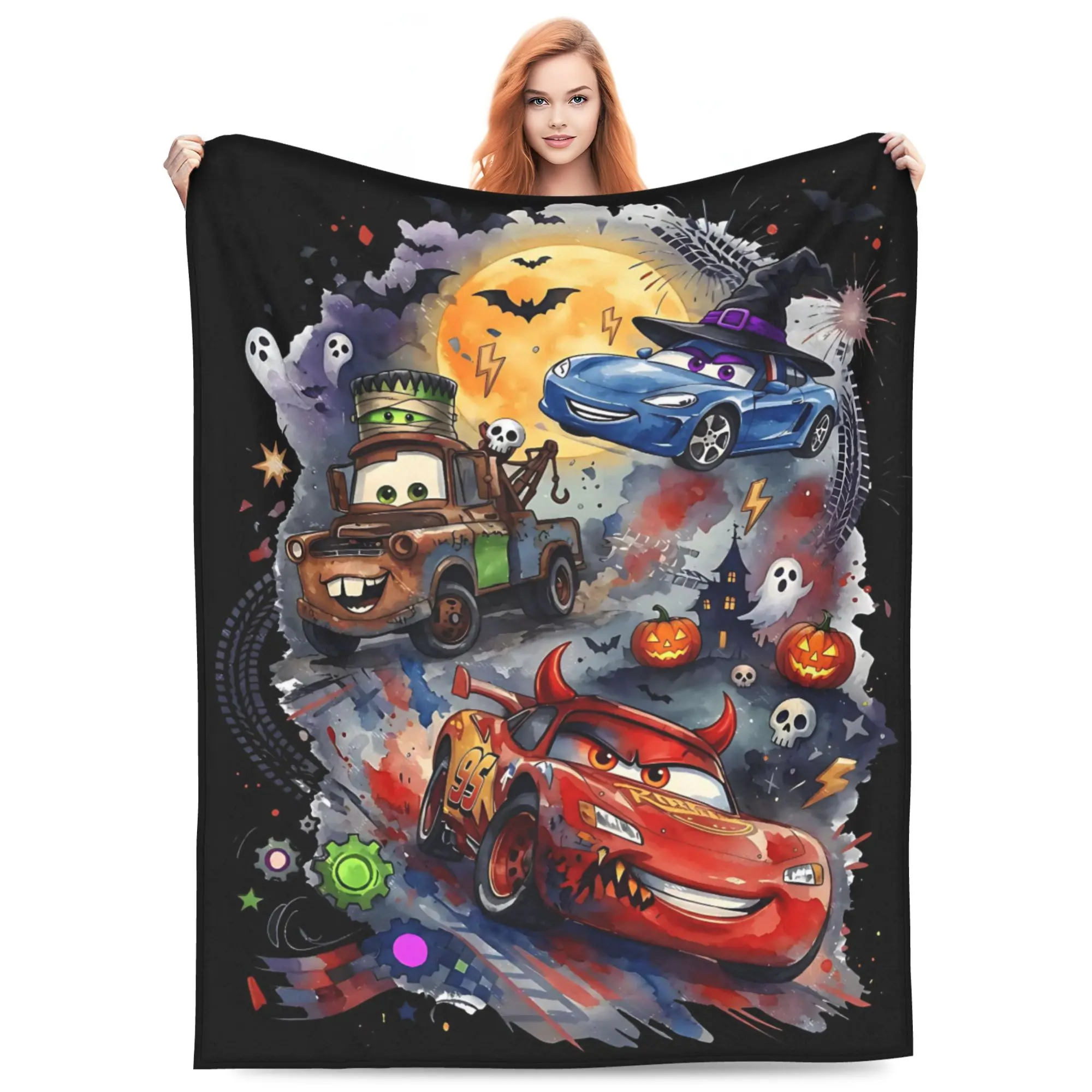 Disney Classic Cars Halloween Flannel Throw Blanket, Lightning McQueen Devil Horns Mater Mummy Sally Witch Hat Full‑Moon Ghost Pumpkin Skull Spooky Night Print Soft Cozy Blanket for Sofa Bed Kids Holiday Fans Gift
