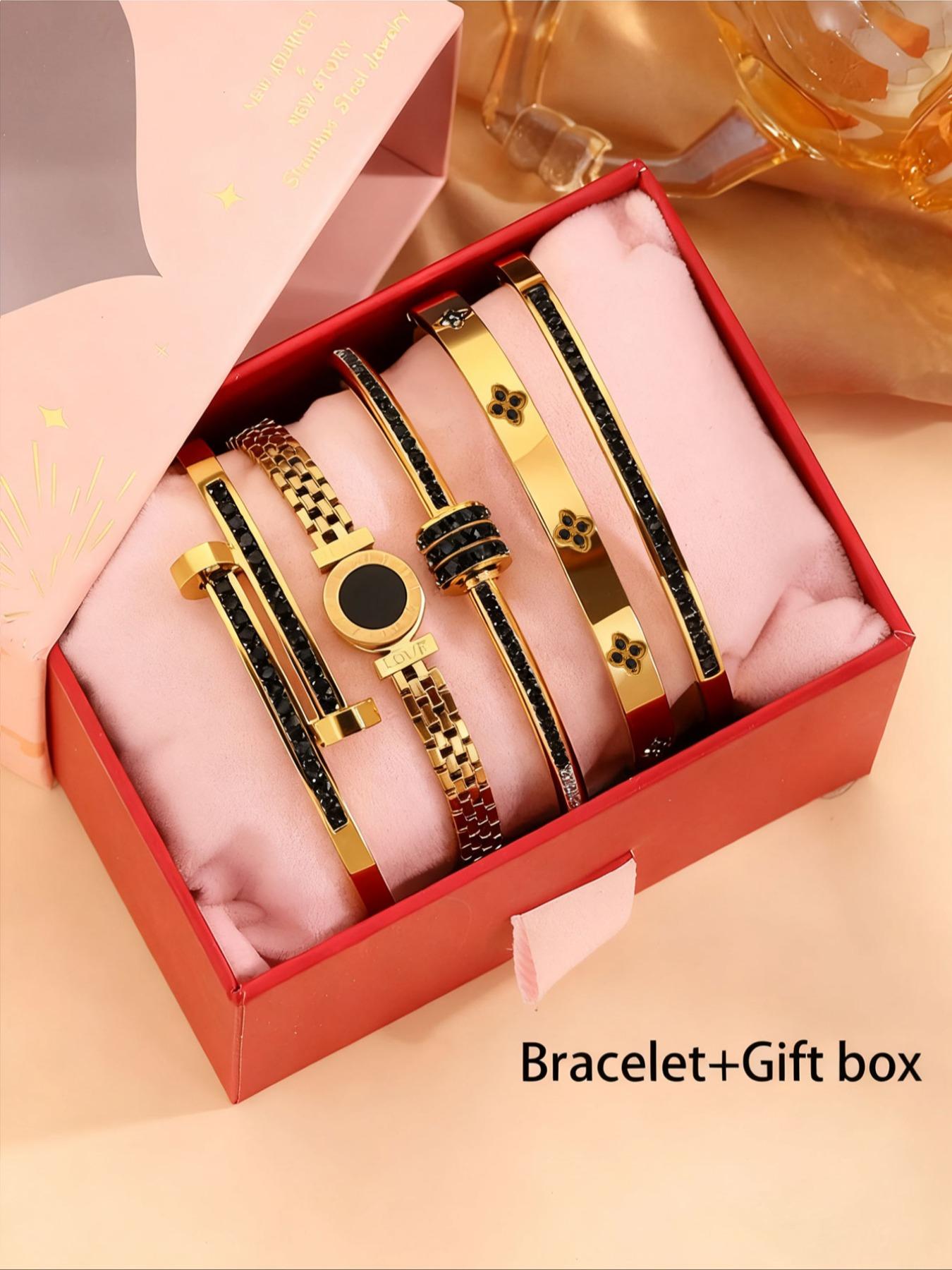 5-piece Set Of Unisex's Elegant and Luxurious 304 Stainless Steel Bracelets with Gift Box, High-quality and Fashionable Items for Christmas Gift, Birthday Gift Box and Stackable Bracelets