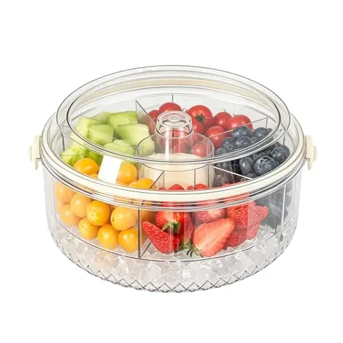 Double Layer Chilled Serving Tray with Ice Compartment, Divided Cold Food Party Platter for Fruit, Veggies, Snacks, Appetizers, Picnic, BBQ & Outdoor Buffet
