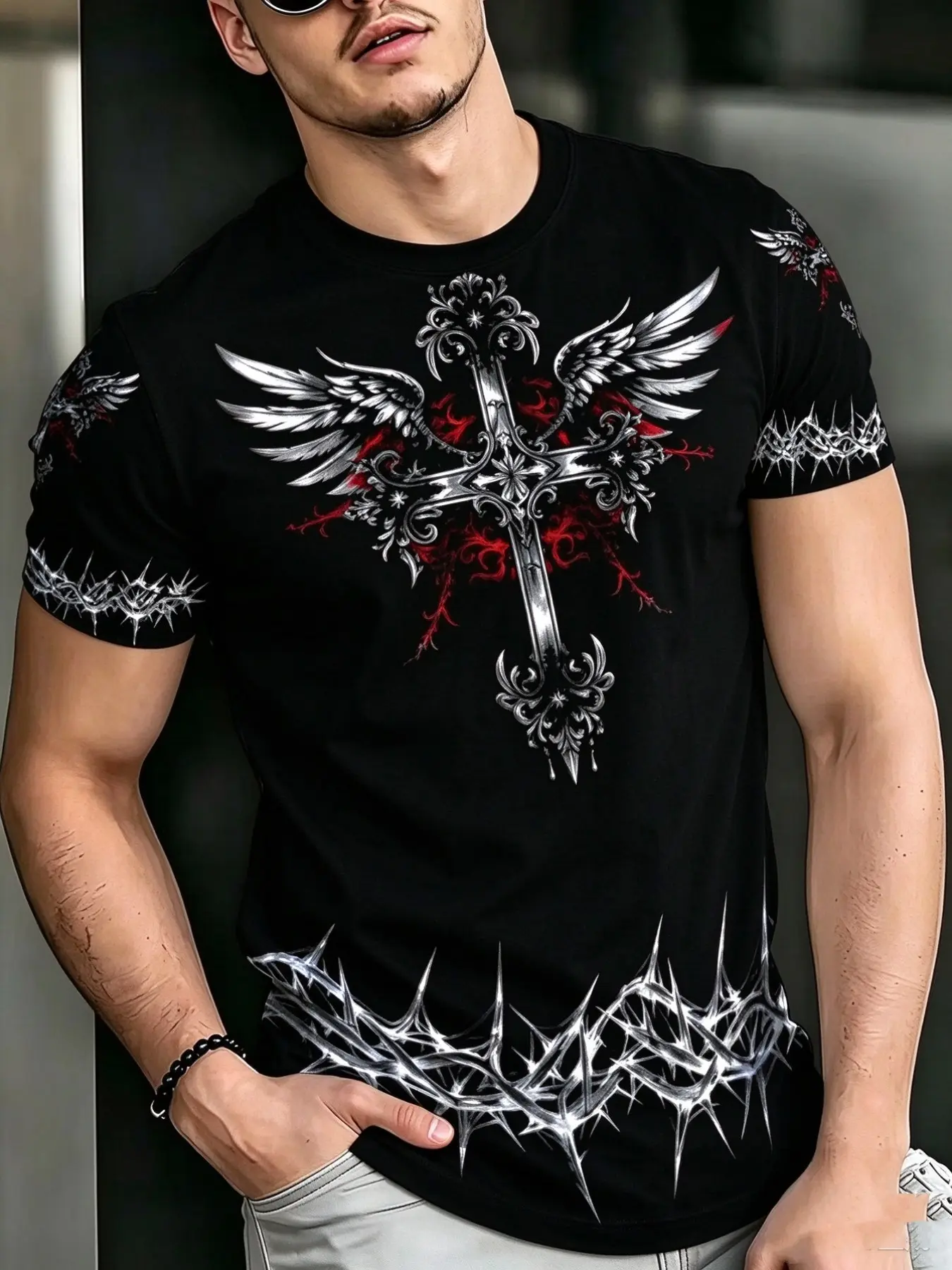 Men's Gothic Cross and Wings Print T-Shirt, Grunge Aesthetic Graphic, Polyester Material, Mixed Color, Slim-Fit, Casual Style, All Seasons, Party Wear