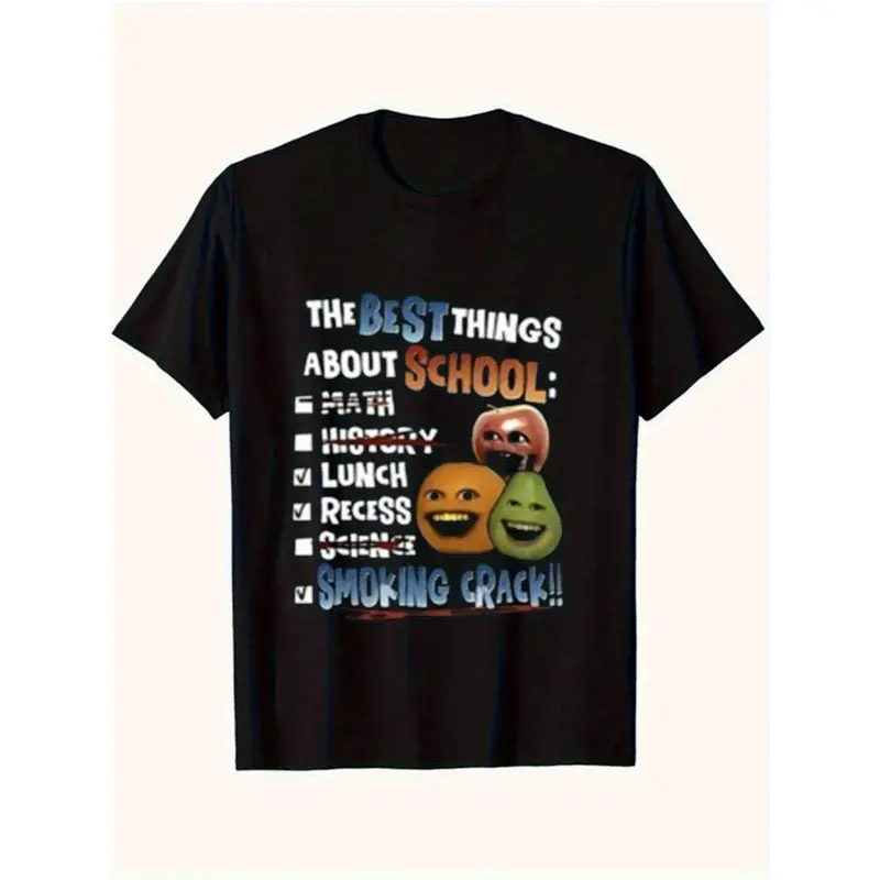 Ironic "The Best Thing About School" meme T-shirt - A humorous list of annoying orange fruit characters and "smoking crack" jokes - Premium black crew neck short-sleeve top, ultra-soft and breathable