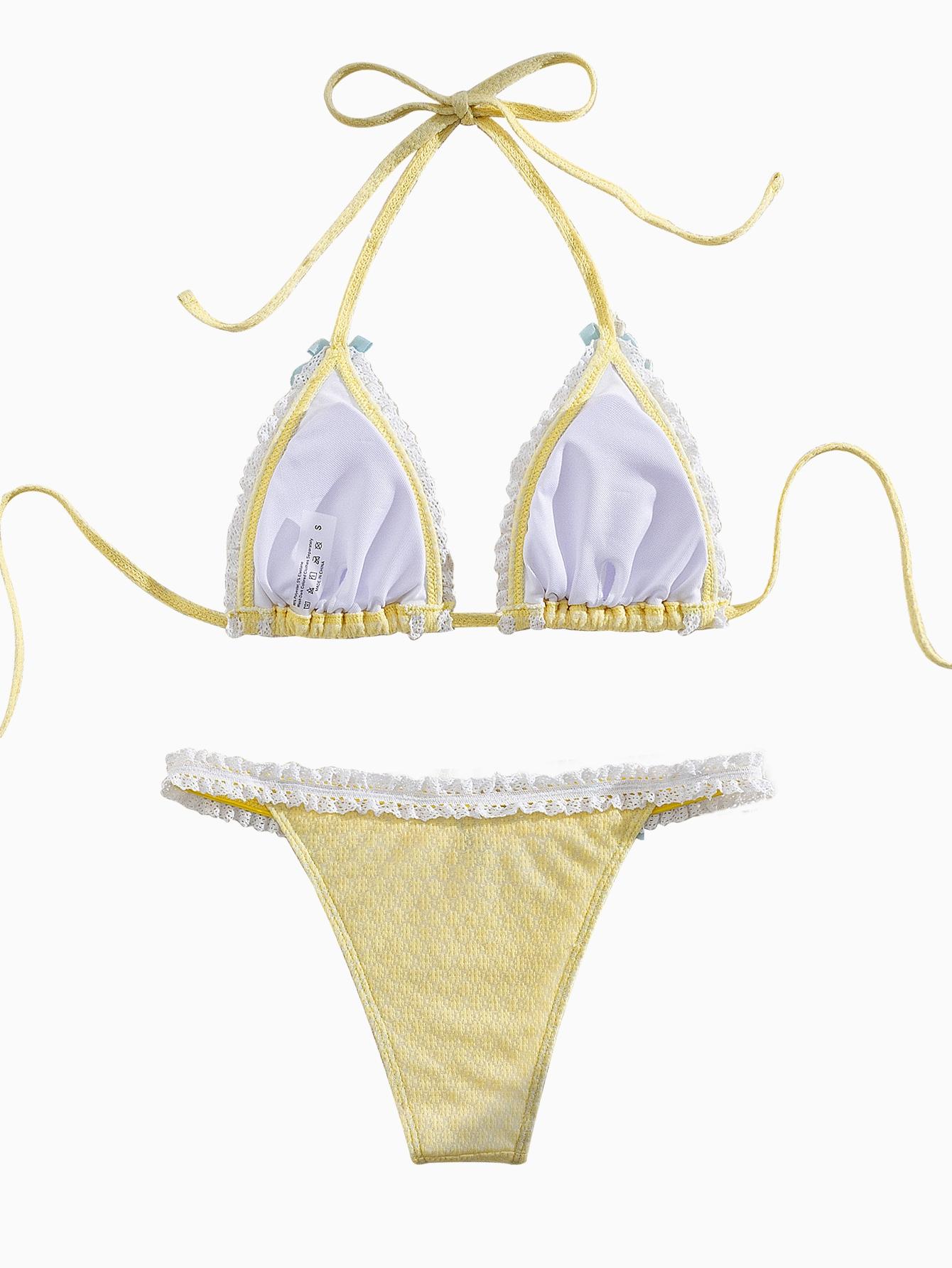 Two-Piece Set Women's Contrast Lace Bow Decor Bikini Set, Casual Tie Back Swim Bra & Swim Bottoms, Ladies Swimsuit for Beach Vacations, Summer Halter Bathing Suit