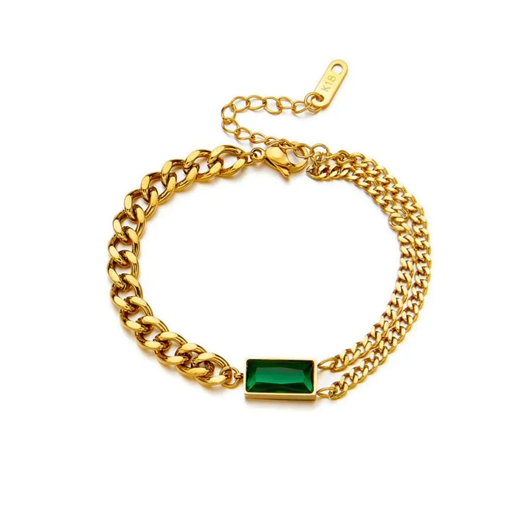 Punk Zirconia Green Square Charm Bracelet Femme Gold Color Stainless Steel Curb Cuban Hand Chain Link Bracelet for Woman Jewelry