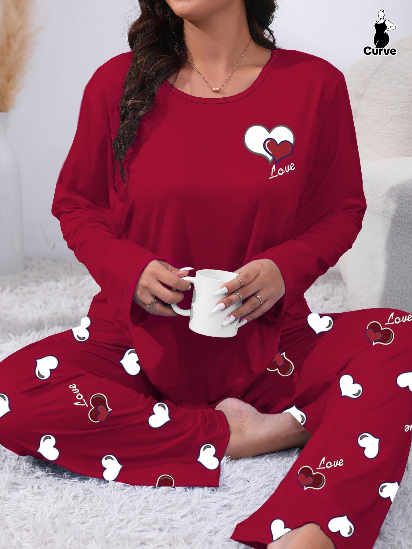 【Plus Size】 Two-piece Set Heart & Letter Print Tee & Pants Pajama, Casual Comfy Round Neck Long Sleeve T-shirt & Trousers Pajama Set, Women's Sleepwear for All Seasons