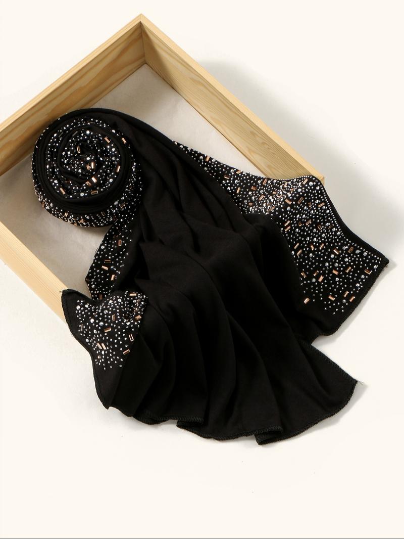 Women's Elegant Rhinestone Handmade Water Drill Headscarf Scarf, Soft Breathable Knitted Jersey Hijab Shawl Cap, All-Season Fashion Accessory
