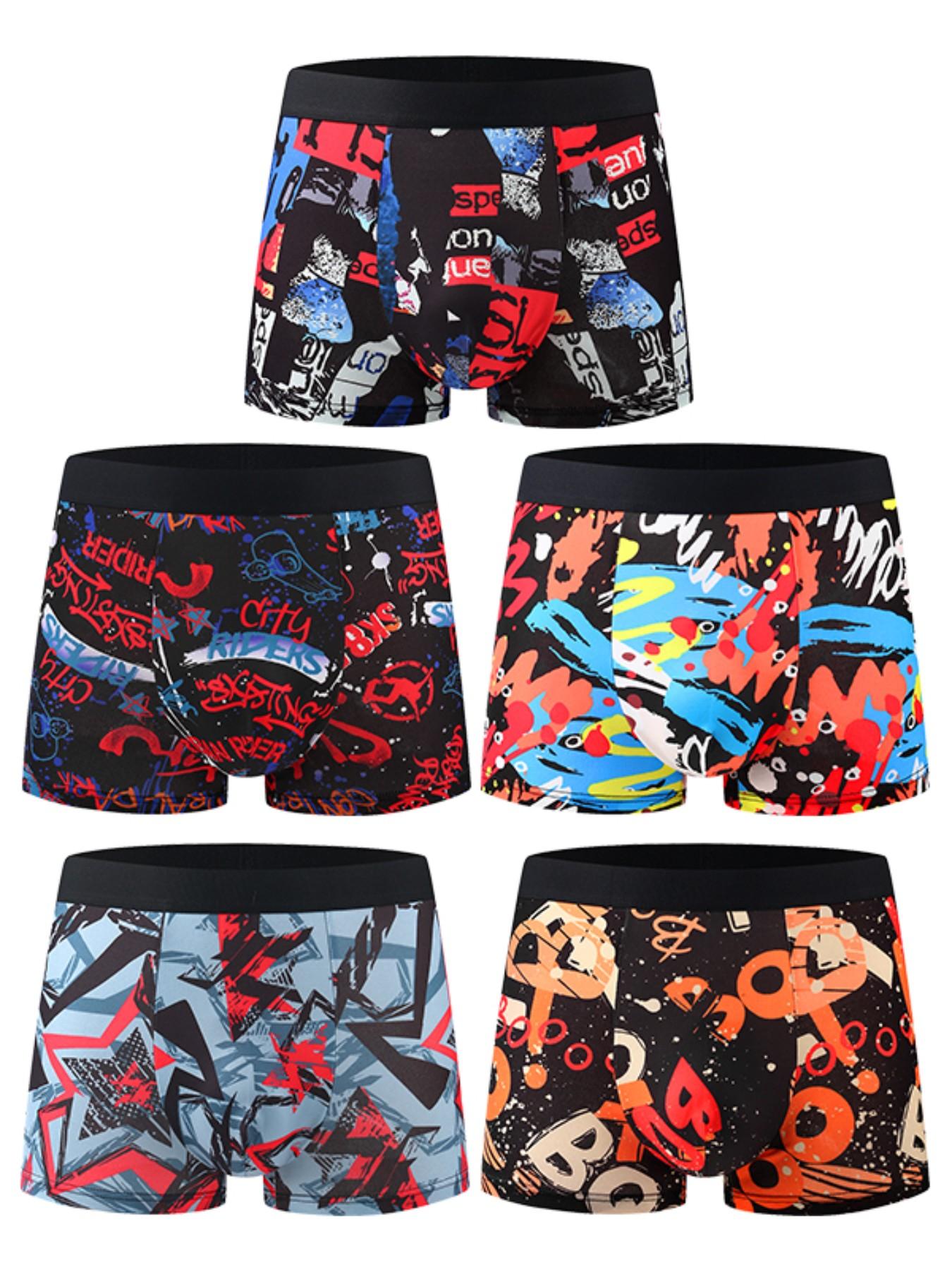 10-Pack Street Graffiti Letter Print Men's Boxer Briefs, Wide Waistband High Elasticity, Trendy Youth Casual Trunks, Geometric Pattern Mix