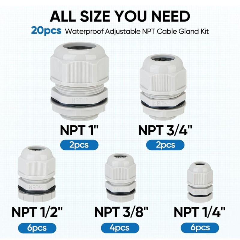 20 Pcs IP68 Waterproof Cable Gland Kit Nylon NPT Adjustable Cable Connectors Assortment 1/4” 3/8” 1/2” 3/4” 1“ for Waterproof Junction Box Wire Pannel (Grey, 20 Pcs)