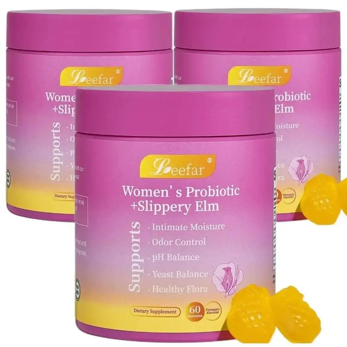 Upgraded versionLEEFAR Her Juicy Feminine Probiotics Gummies- All in One Solution with Slippery Elm and Prebiotics&Lactobacillus Probiotic Blend for Womens pH Balance and Dryness - Hawaiian Pineapple Gummies 60 Count probiotics women