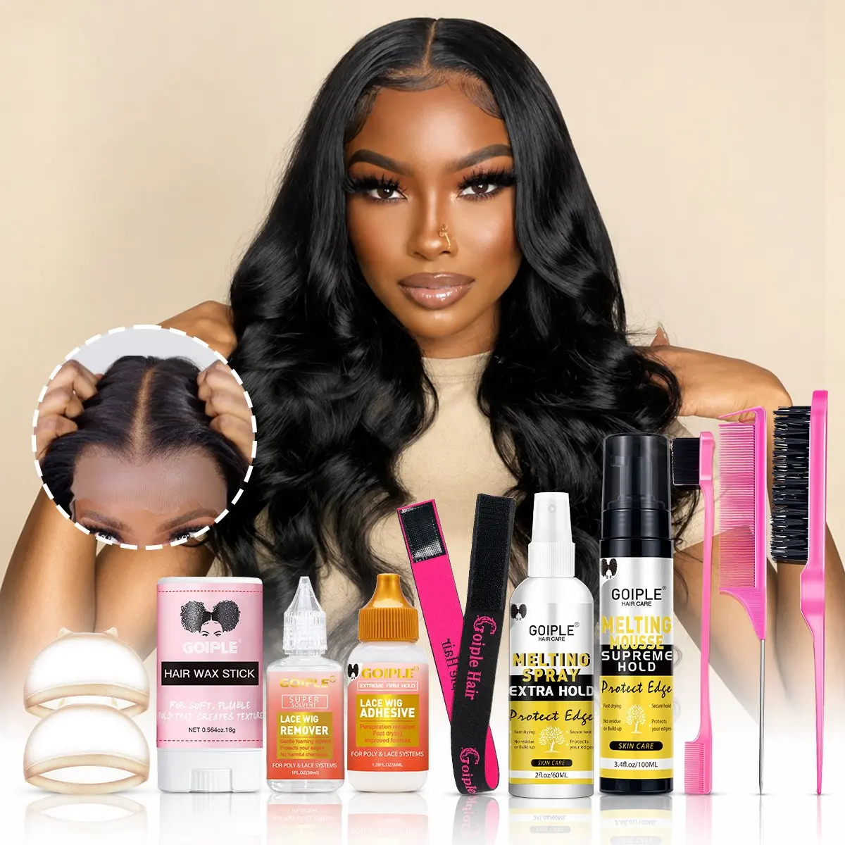 Goiple beginner's lace hair accessory set, hair glue, hair waterproof long-lasting shaping invisible adhesive, hair melting spray, melting mousse, hair glue remover, used for closing the hair extensions before attaching, strong and natural shaping, with c