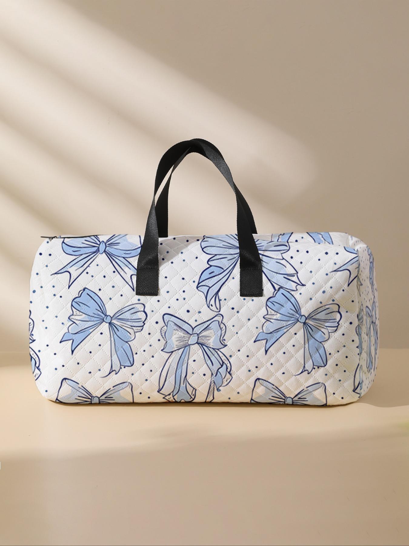 2024 New Style Quilted Bow Pattern Duffle Bag, Large Capacity Travel Bag, Portable Overnight Duffel Bag with Shoe Storage, Fashionable Travel Bag for Women & Girls