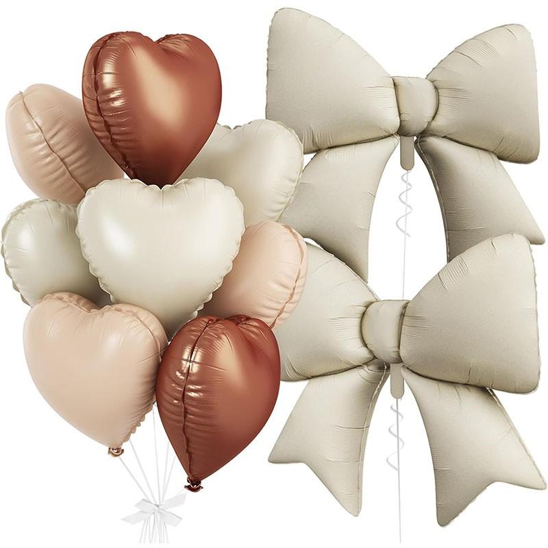 Brown cream heart-shaped balloons, foil bow balloons, 10 18 inch heart-shaped balloons and 2 38 inch bow balloons (with 2 accessories), used for birthday baby shower, Valentine's Day wedding party decoration