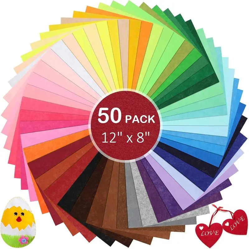 50 Color Stiff Felt Fabric Sheets 8 x 12 Inch Thin Assorted Craft Felt for DIY Cutting Sewing Patchwork School Projects Holiday Decorations and Gift Making
