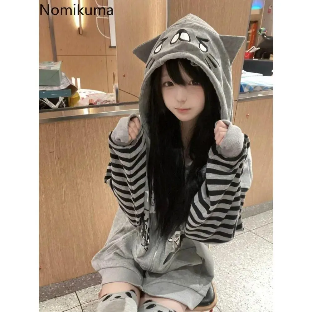 Cat Ear Hooded Sweatshirts Jackets Women Clothing  Tops Patchwork Striped Anime Hoodie Ropa Mujer Casual Fashion Hoodies Coat