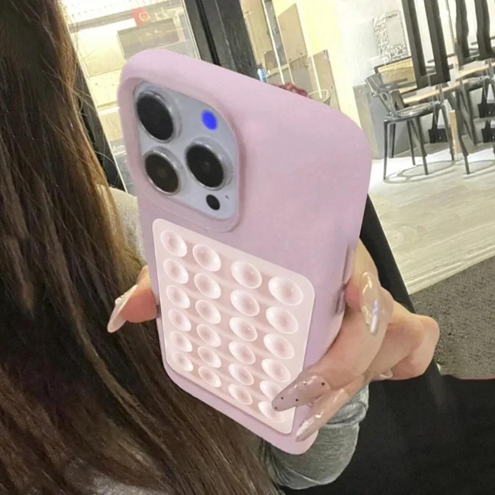 Minimalist Solid-Color Suction Cup Stand Leather-Textured Phone Case Cover Casing For iPhone 17 16 15 14 Plus 13 12 Pro Max 11 XS XR XS Max Shockproof Protective Case Accessories