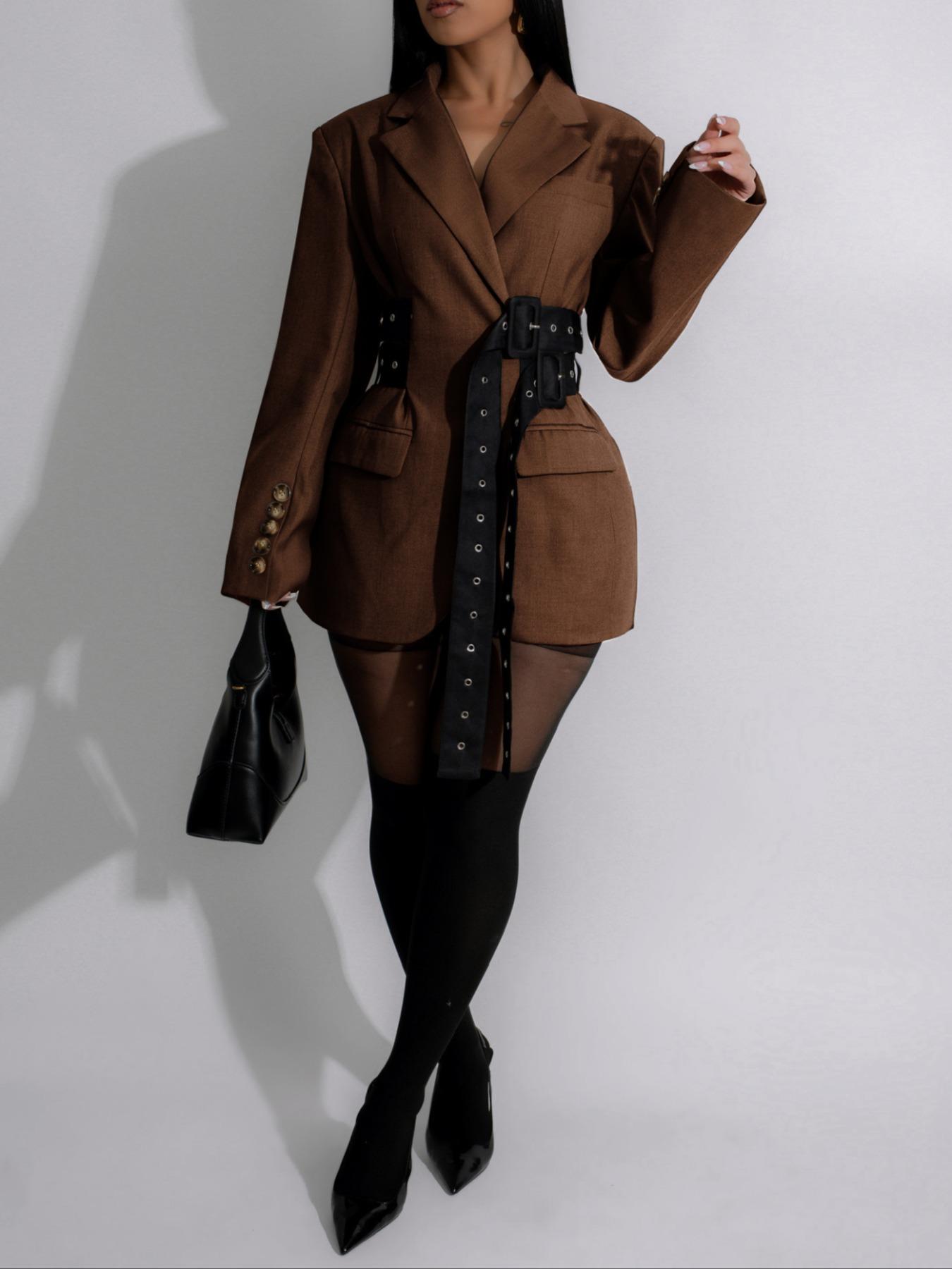 Women's Side Tie Waist Patchwork Long Sleeve Fitted Blazer Jacket, Fall Fashion, Elegant Office Wear, Casual Outerwear, Womenswear