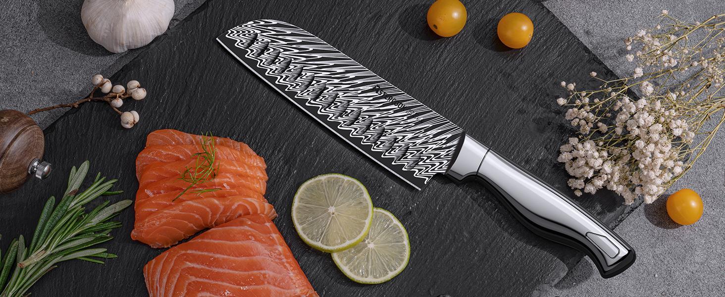 Astercook Knife Set, 14 Pieces Kitchen Knife Block Set with Built in Knife Sharpener Block, Dishwasher Safe, German Stainless Steel, Best Gift, Silver Wood Steak Wooden