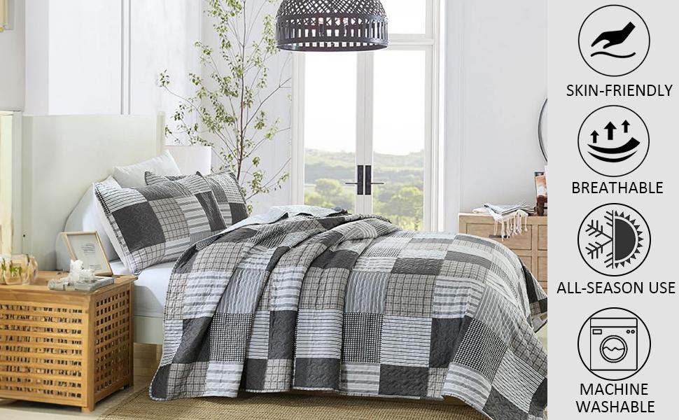 GREAGLE Quilt Set Queen Size, 3 Pieces Bedspread Coverlet Plaid Patchwork Quilt Farmhouse Queen Size Comforter Set Lightweight Bedding with 2 Pillow Covers Shams for All Season Gray Brown White cozy sheets